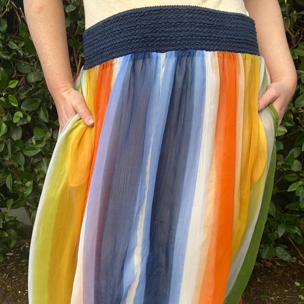 Pre-Loved Soft Surroundings Rainbow Maxi Skirt with Blue Waistband
